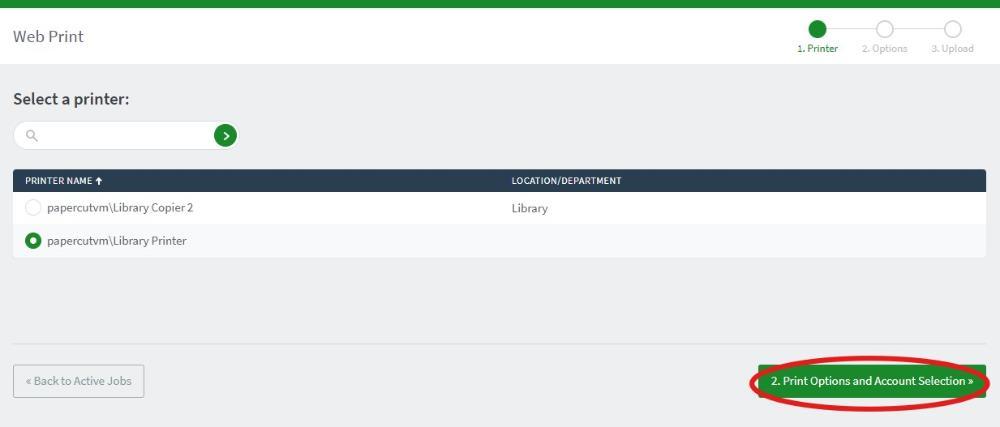 Screenshot: Click Print Options and Account Selection