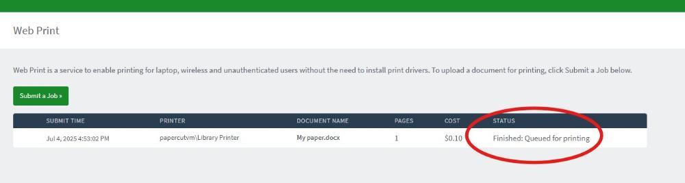 Screenshot: Print status is Finished: Queued for printing
